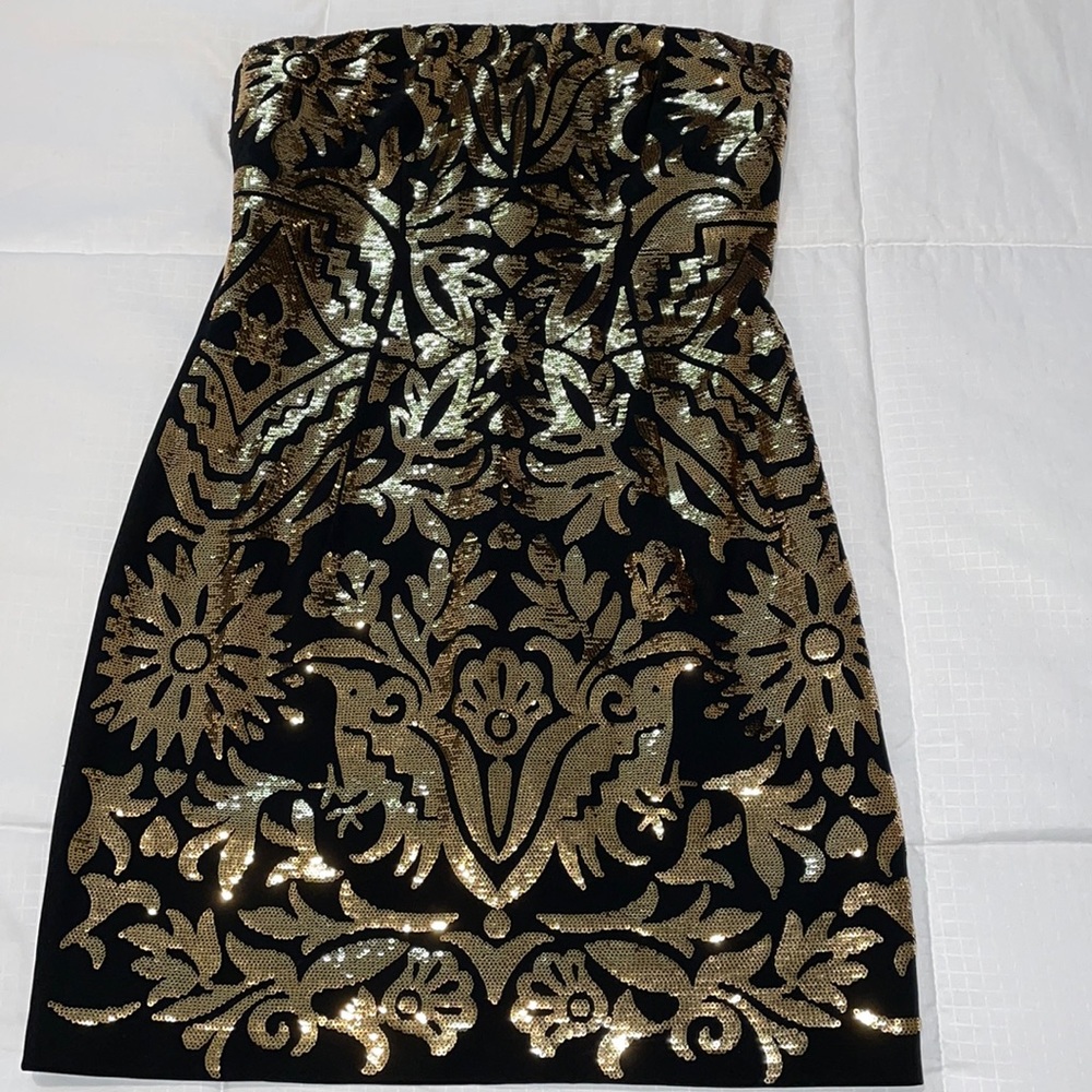 MOSCHINO strapless black and gold sequin mini dress
